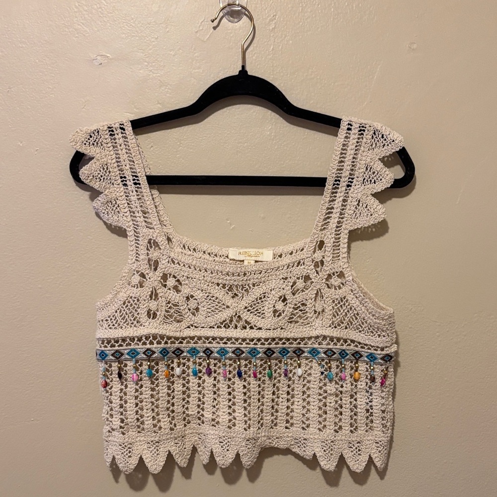 Elegant Beige Crochet Tank with Colorful Beads - Picture 1 of 3